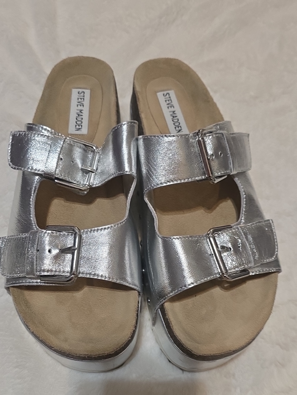 Steve Madden Metallic Silver Double Buckle Platform Mules